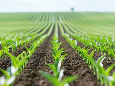 Rows of green young crops planted in organized fertile farm soil