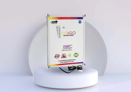 Allwater E-SOFT salt-free electronic hard water softener control panel for agricultural irrigation systems. It shows indicators and features for high TDS water.