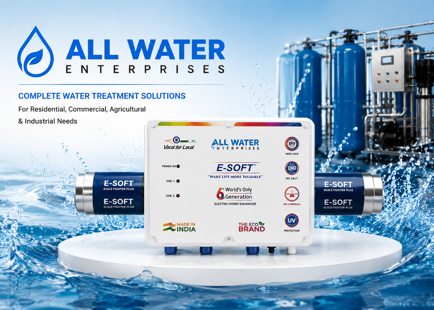All Water Enterprises E-SOFT water softener system with control panel and industrial water treatment equipment in the background, designed for residential, commercial, and industrial water softening applications.