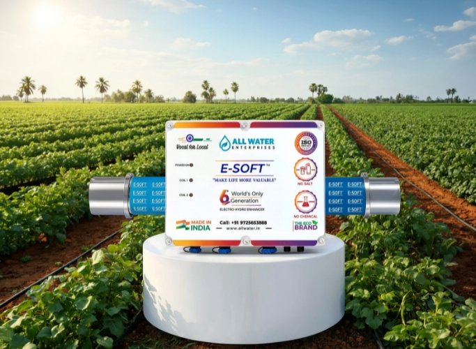 E-Soft electronic hard water softener for agriculture, a no-salt, no-maintenance device made in India, boosting crop yield and soil health.