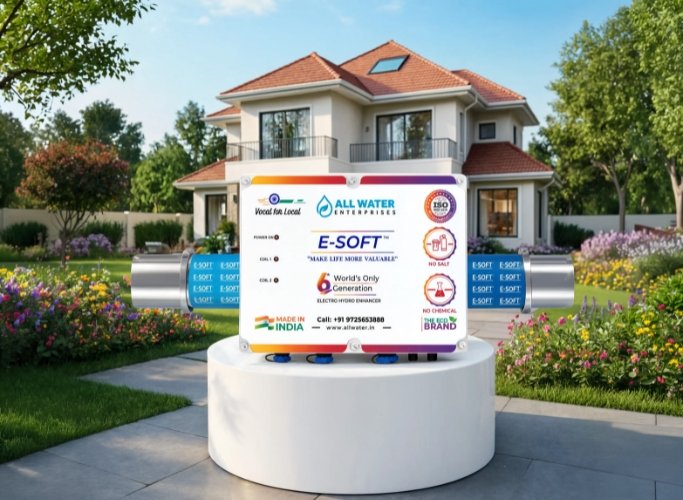 E-Soft electronic water softener for residential use, a no-salt, no-maintenance device that protects homes from hard water damage, made in India.