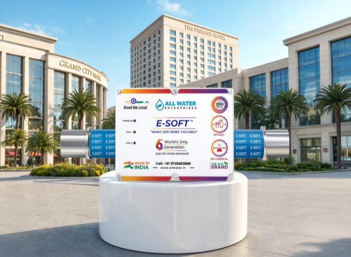 E-Soft electronic hard water softener for commercial use, a no-salt, no-maintenance device protecting hotels, hospitals, and IT parks from limescale and corrosion.